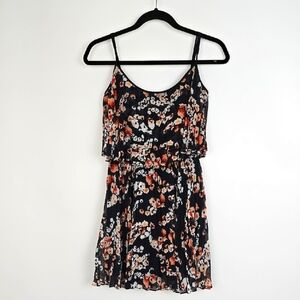 Bebe Women's Dress Floral Mini Tiered Pleated Midnight Blue Orange XS